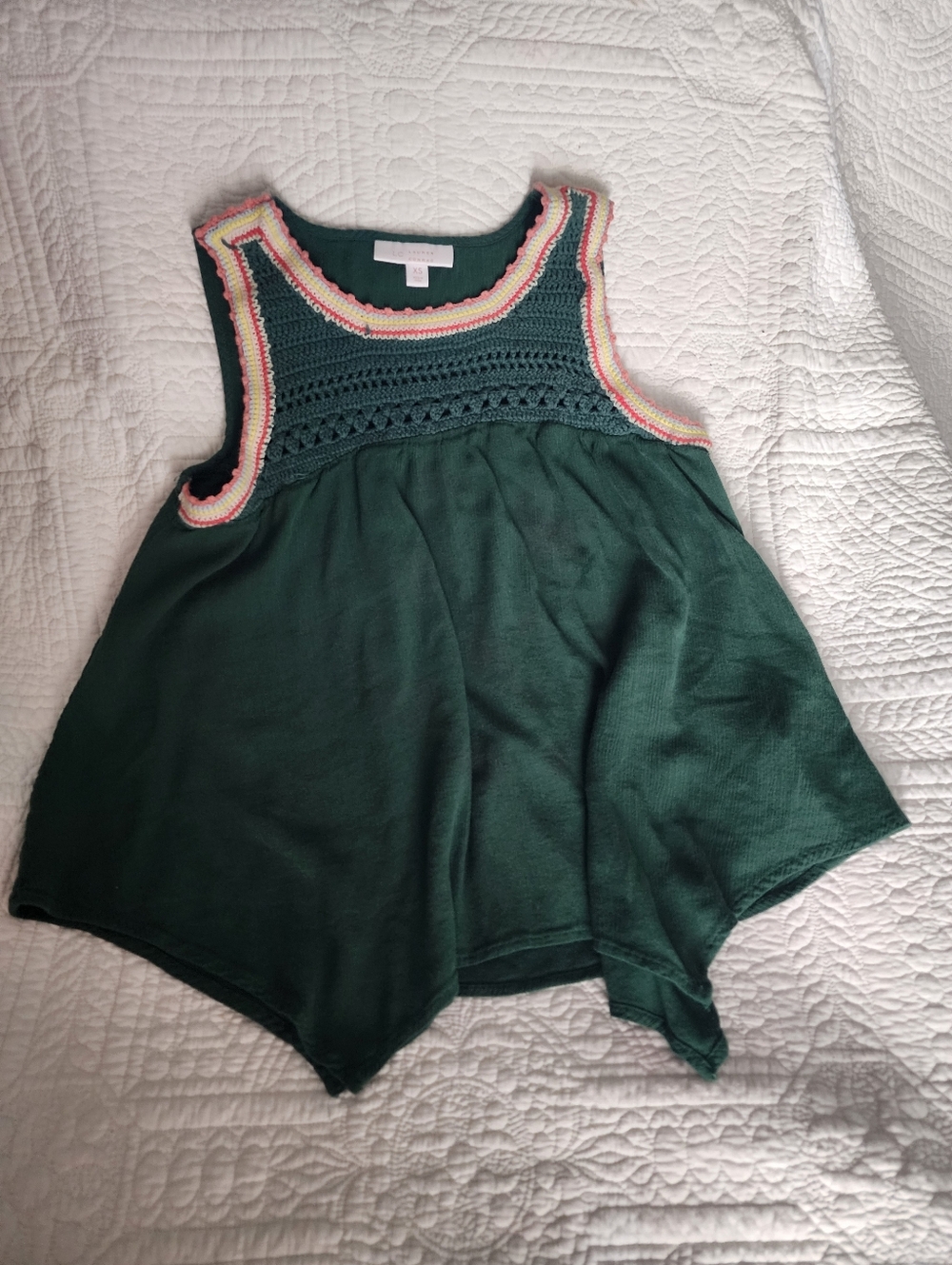 LC Lauren Conrad Dark Green Crochet Yoke Tank with Pink Trim